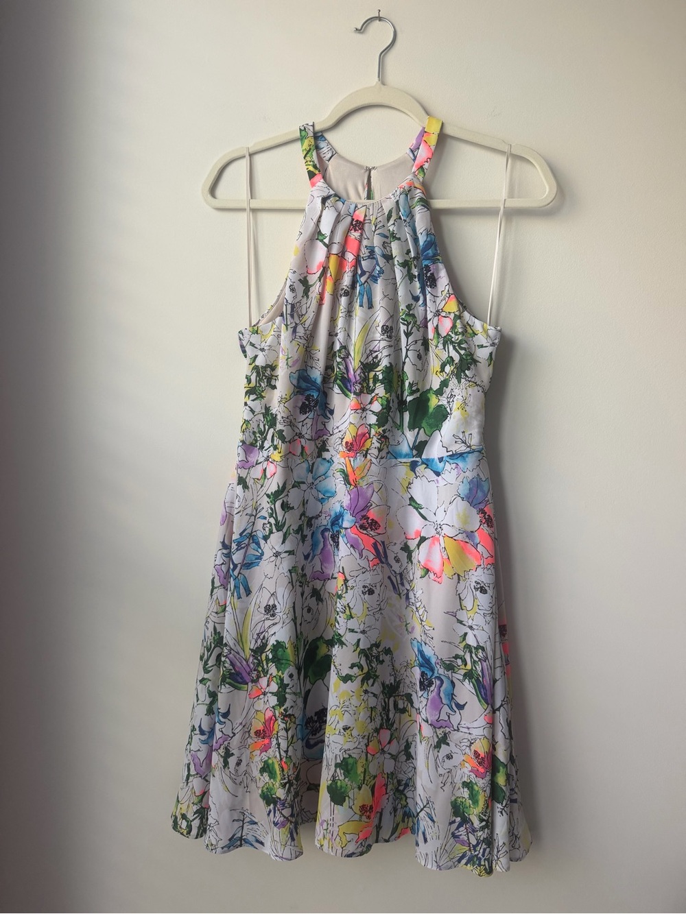 Express White Floral Halter Dress with Neon Accents
